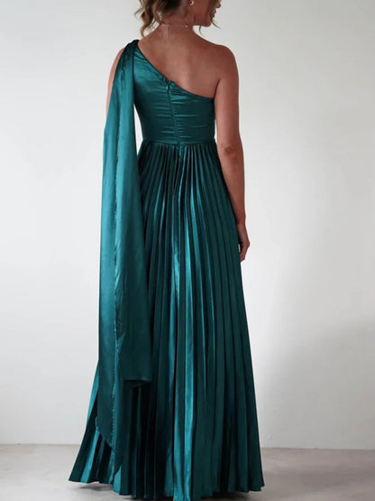One-Shoulder Pleated Slit Dress