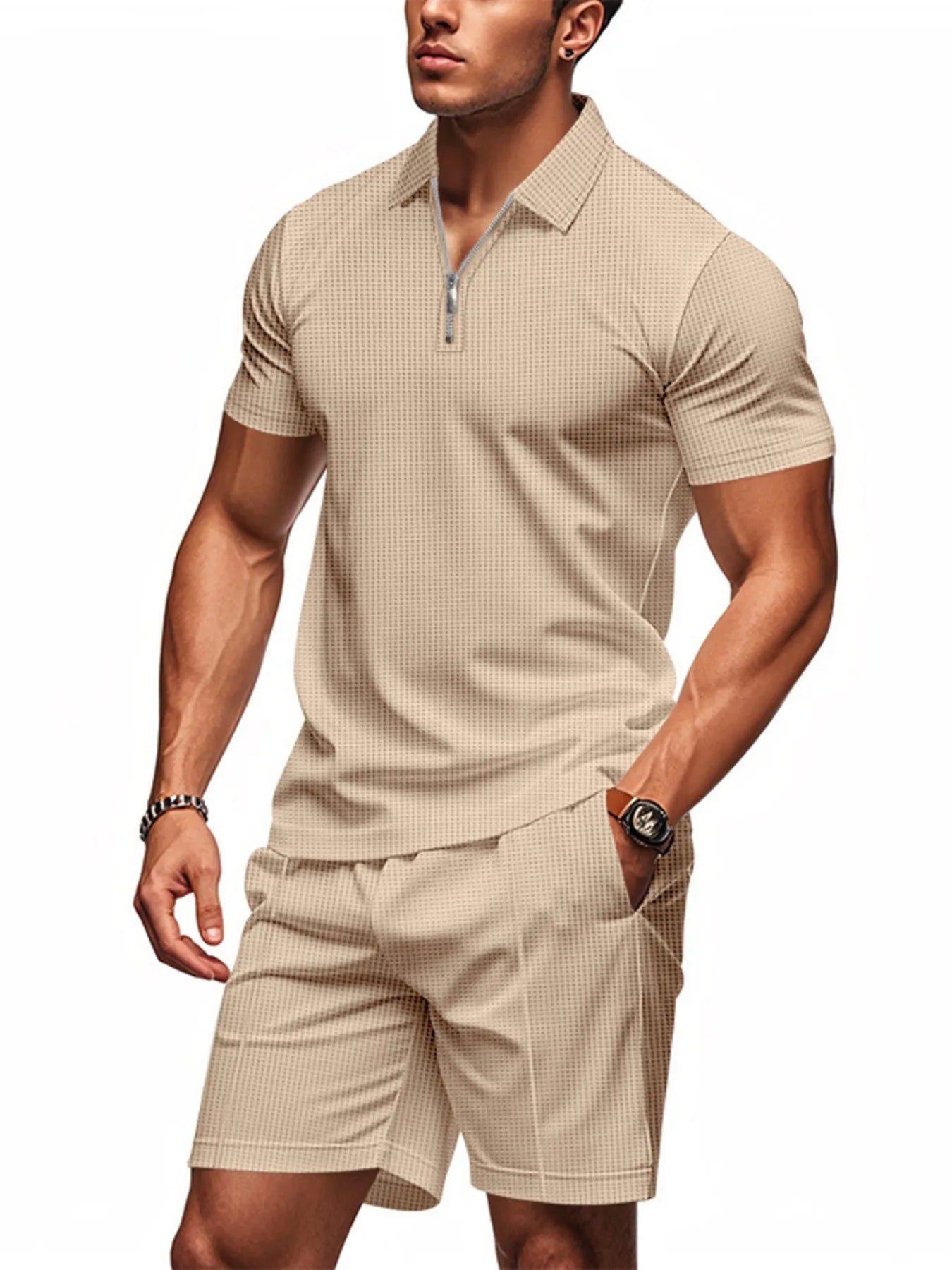 Men's Quarter Zip Short Sleeve Top and Shorts Set