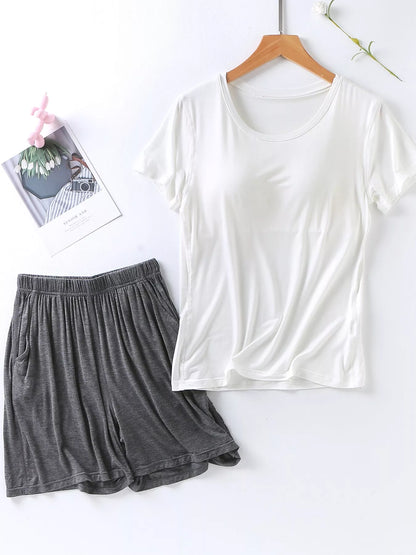 Plus Size Padded Round Neck Modal T-Shirt and Shorts Set