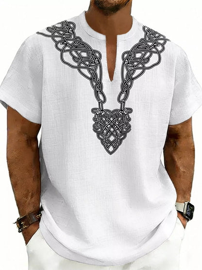 Men's Full Size Notched Printed Short Sleeve Blouse Plus Size
