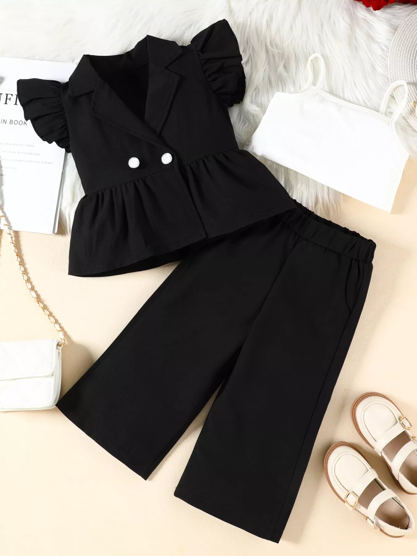 Children's Cami & Ruffle Sleeve Top & Wide Leg Pants Set