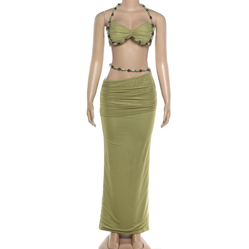 Sleeveless neck hanging small suspender high waisted hip hugging skirt