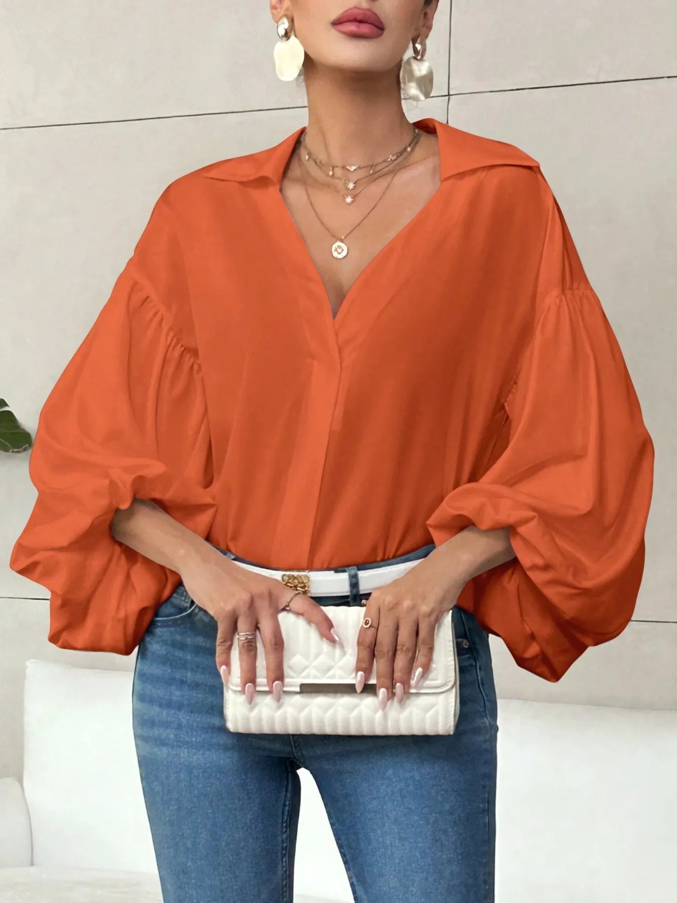 Polka Dot Balloon Sleeve Blouse