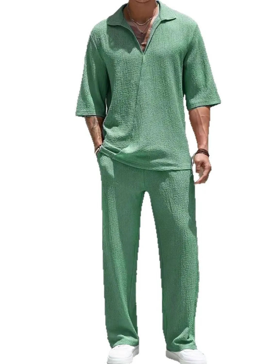 Men's Collar Half Sleeve Top and Pants Set