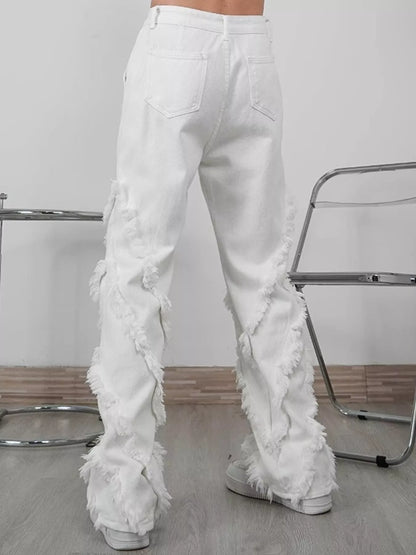 Men's Full Size Fringe Trim Wide Leg Jeans Plus Size