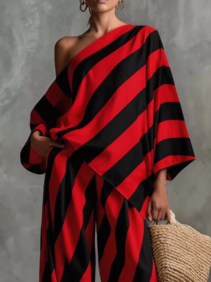 Full Size One-Shoulder Striped Top and Wide-Leg Pants Set Plus Size