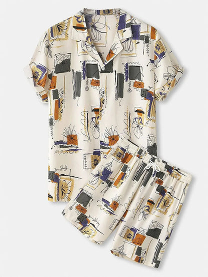 Men's Printed Button Up Shirt and Shorts Set