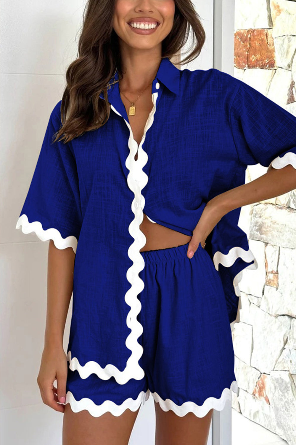 Contrast Trim Half Sleeve Shorts Set