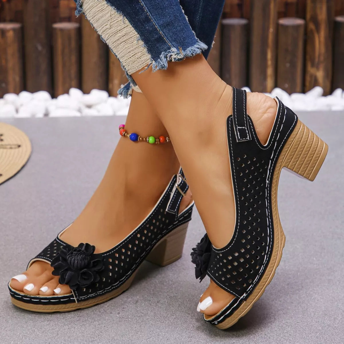 Floral Accent Block Heel Sandals