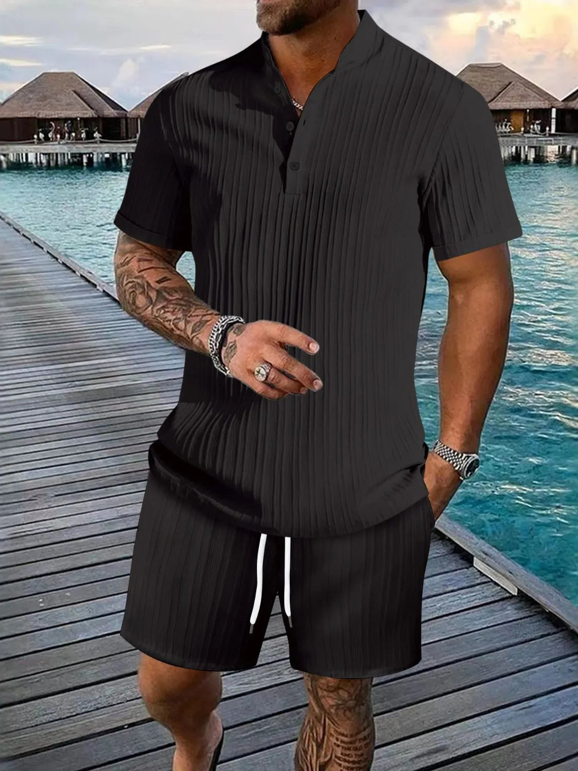 Men's Button Detail Short Sleeve Top and Shorts Set