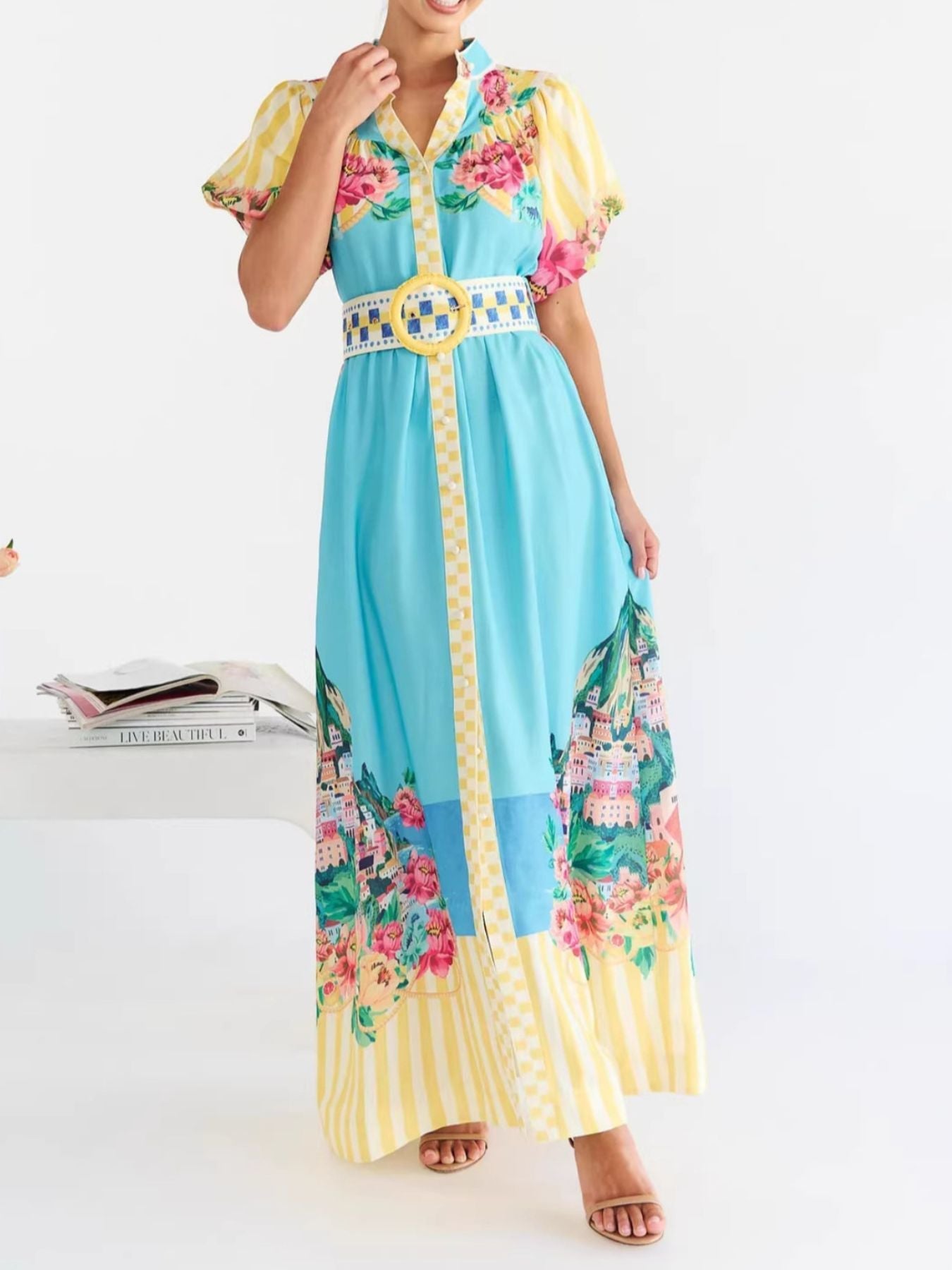 Printed Button Front Puff Sleeve Dress