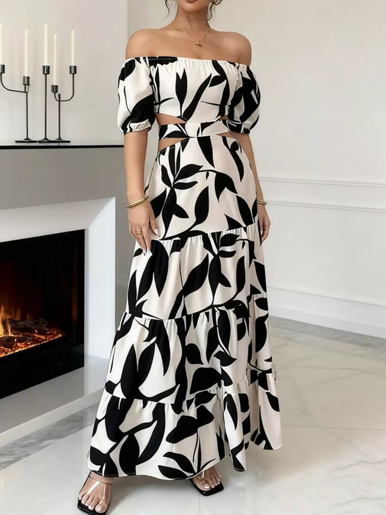 Off-Shoulder Cutout Leaf Print Dress