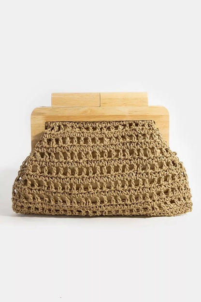 Fame Straw Braided Wooden Top Frame Clutch Bag