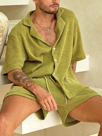 Men's Plus Size Button Down Shorts Set