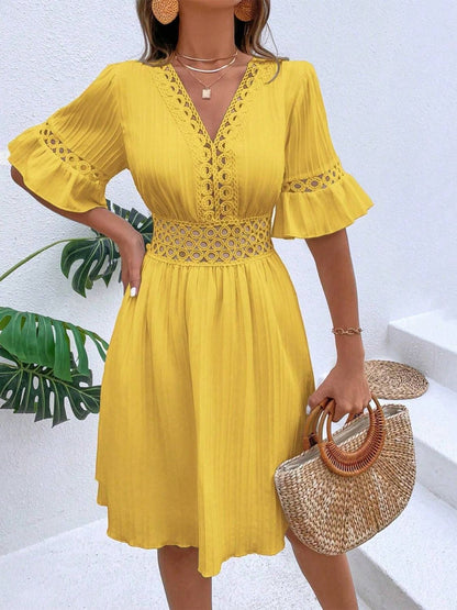 V-Neck Flounce Sleeve Mini Dress