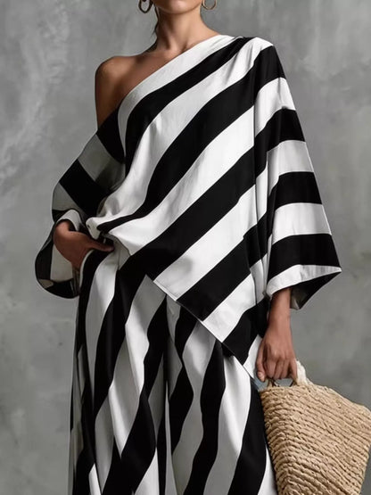 Full Size One-Shoulder Striped Top and Wide-Leg Pants Set Plus Size