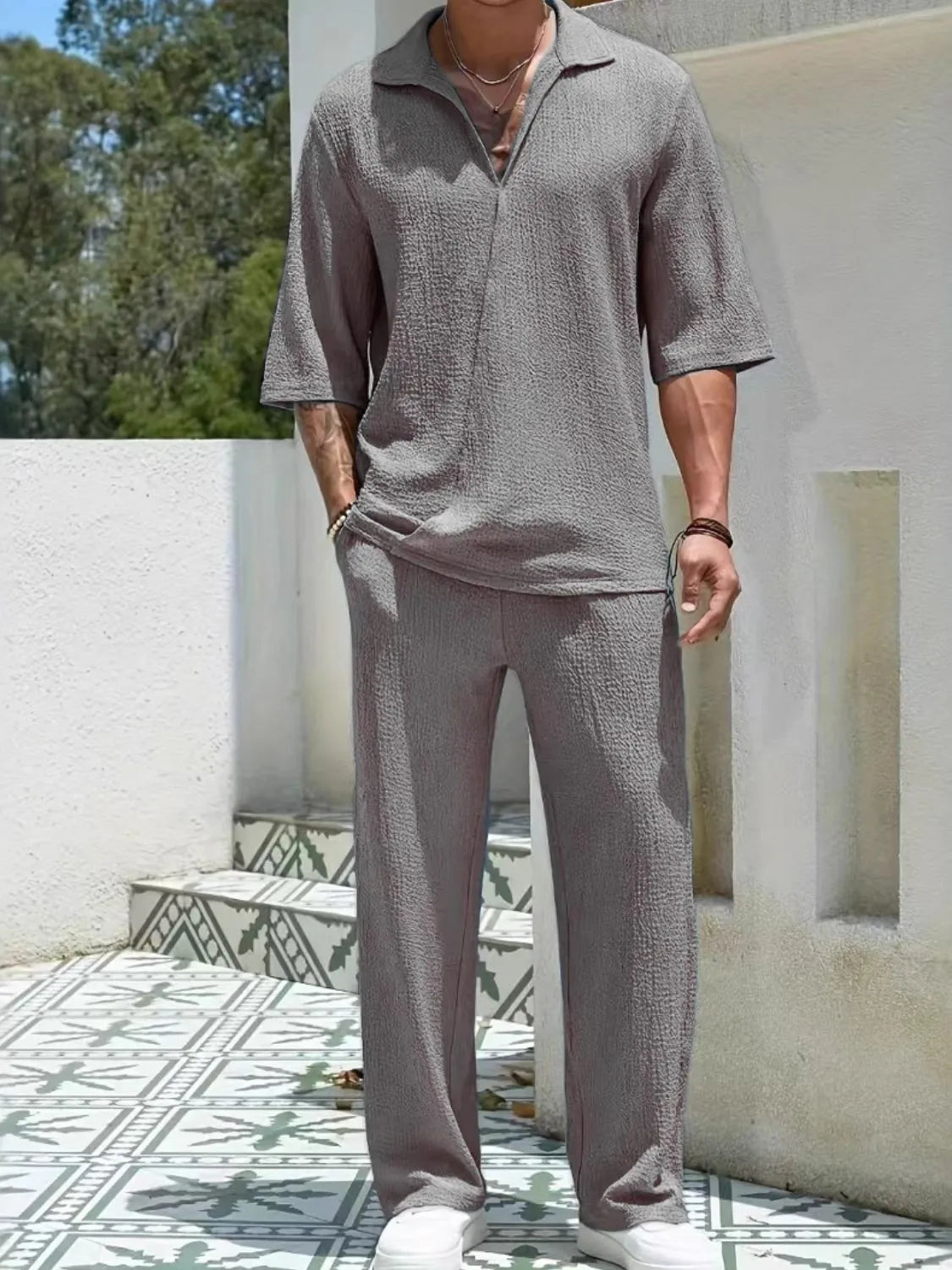 Men's Collar Half Sleeve Top and Pants Set