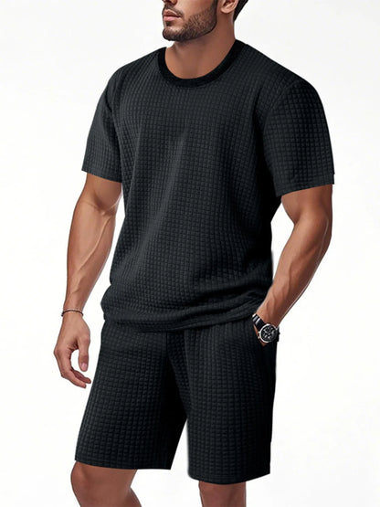 Men's Textured Round Neck Top and Shorts Set
