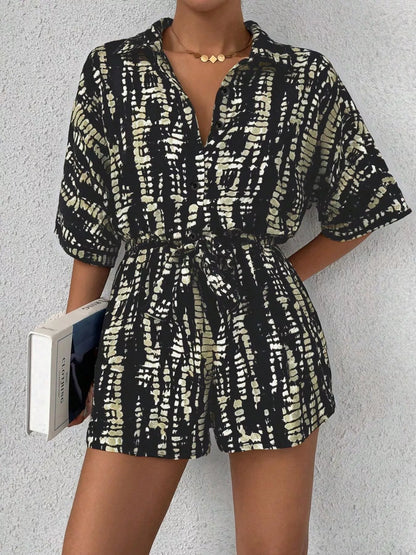 Striped Button-Up Belted Romper