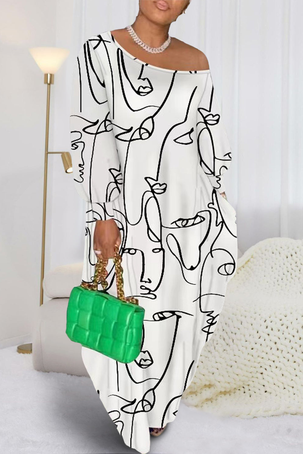 Printed Lantern Sleeve Maxi Dress
