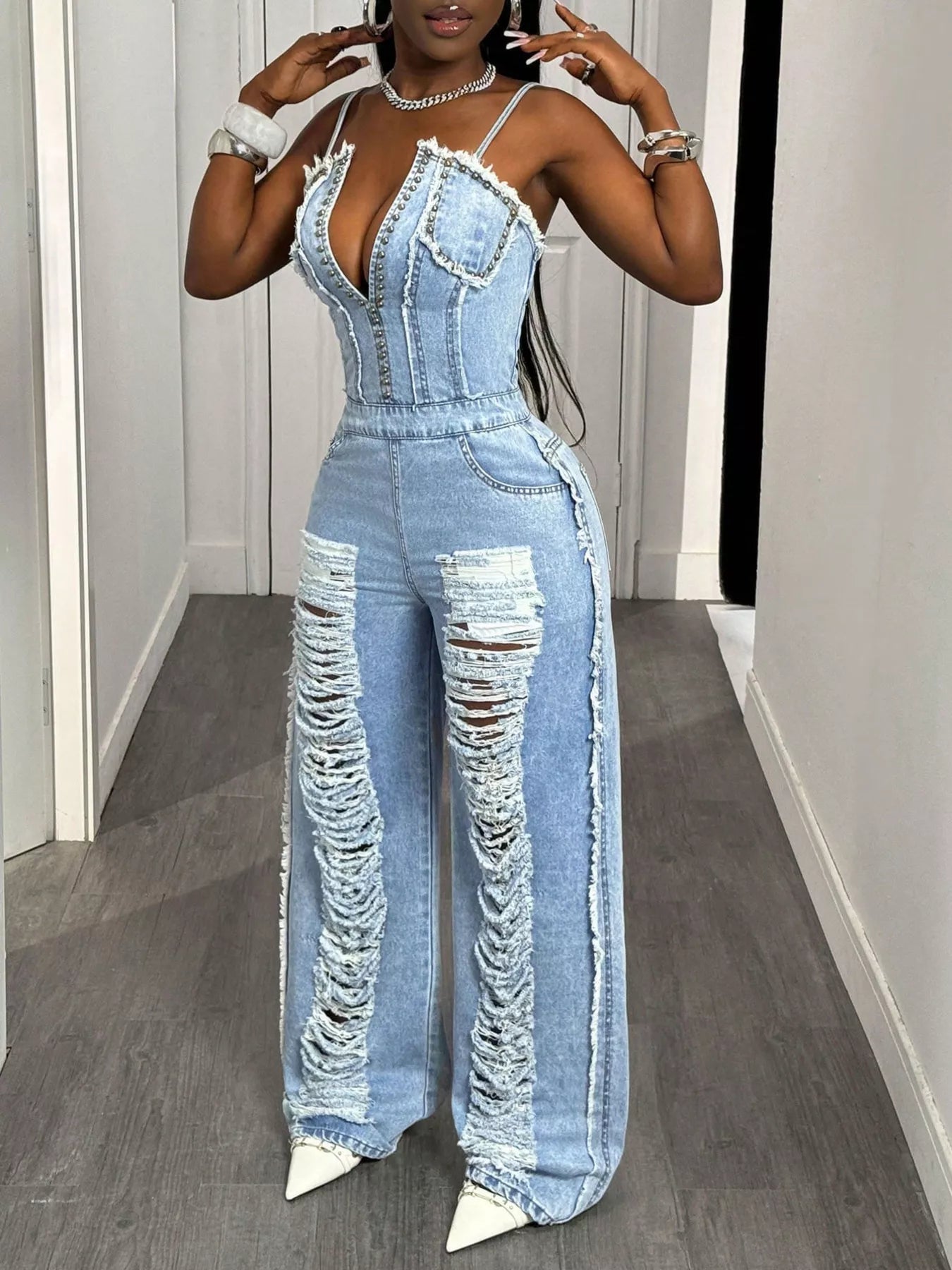 Distressed Spaghetti Strap Wide-Leg Denim Jumpsuit