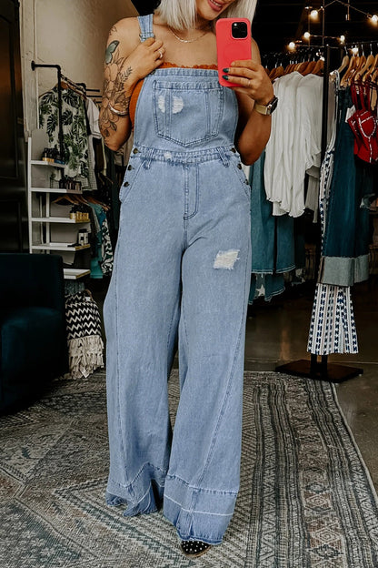 Distressed Wide Leg Denim Overalls