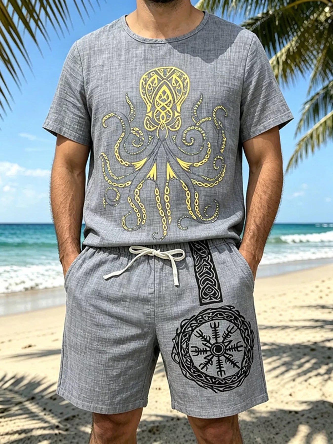 Men's Full Size Round Neck Tee and Shorts Set Plus Size