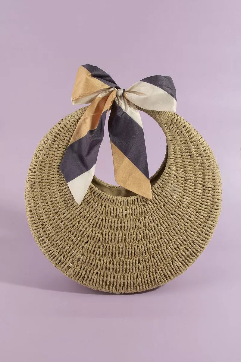 Fame Round Woven Straw Bag With Bow Scarf Accent