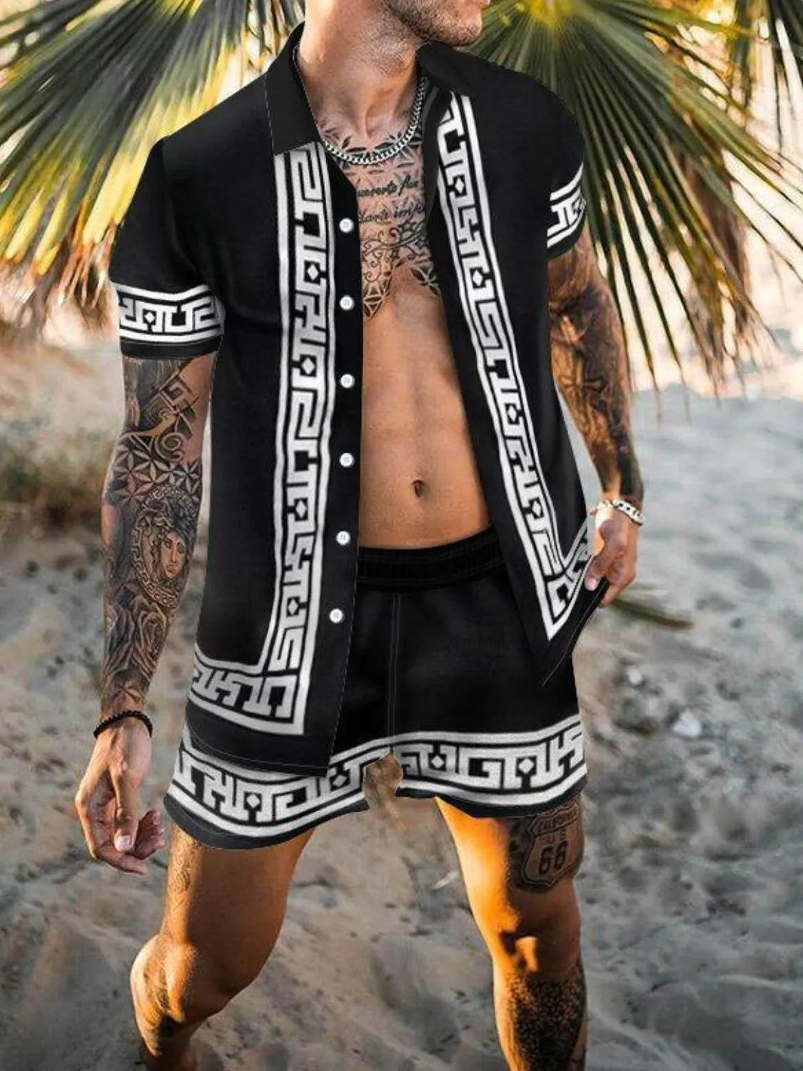 Men's Printed Button Up Top and Shorts Set