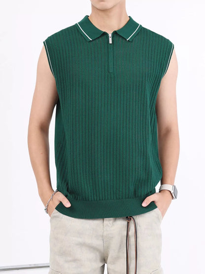 Men's Plus Size Knitted Polo Collar Zip-Up Sleeveless Top
