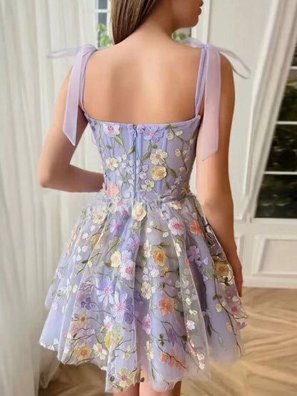 Floral Applique Tie Shoulder Mini Dress