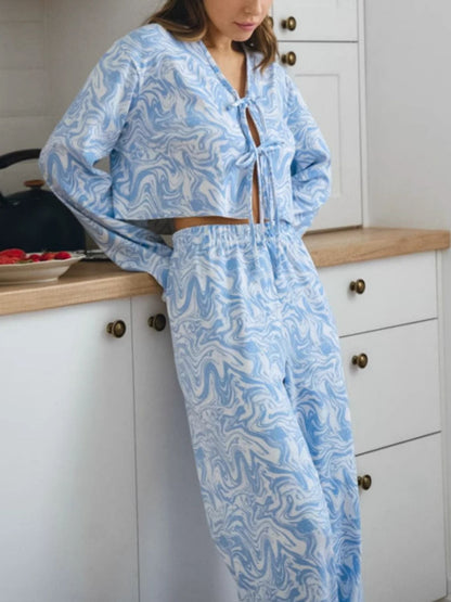 Tie Front Long Sleeve Top and Pants Lounge Set