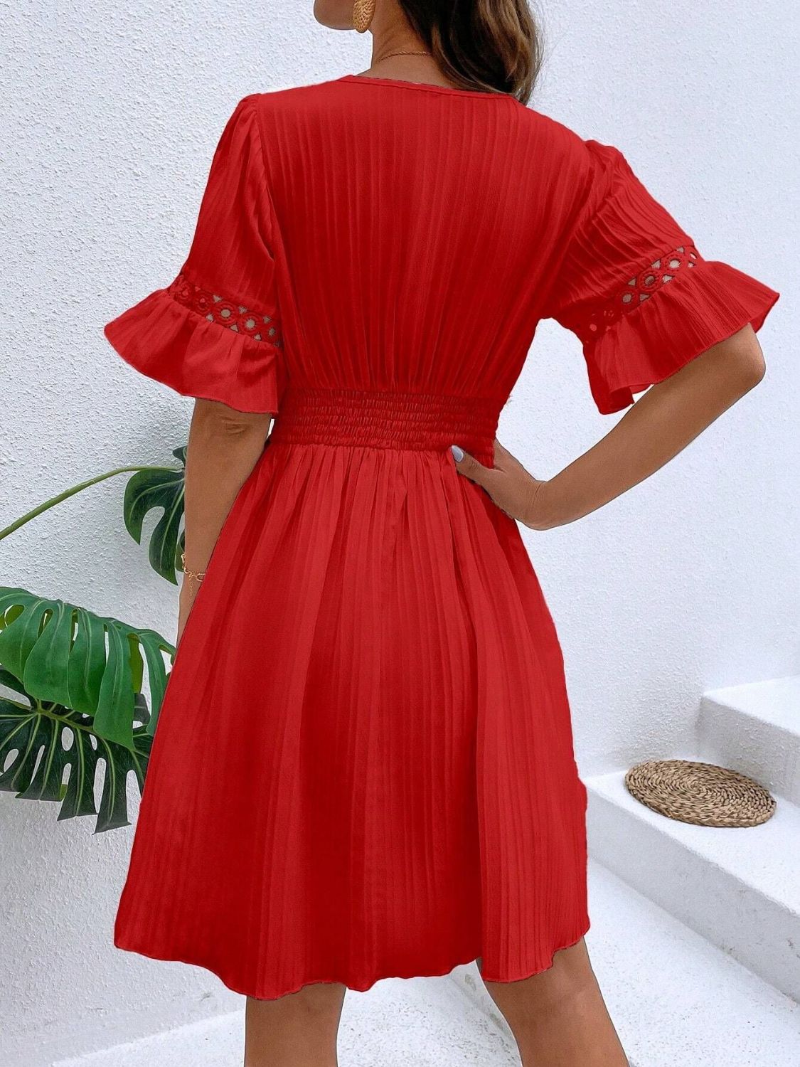 V-Neck Flounce Sleeve Mini Dress