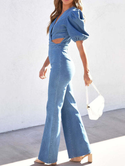 Cutout Puff Sleeve Denim Jumpsuit