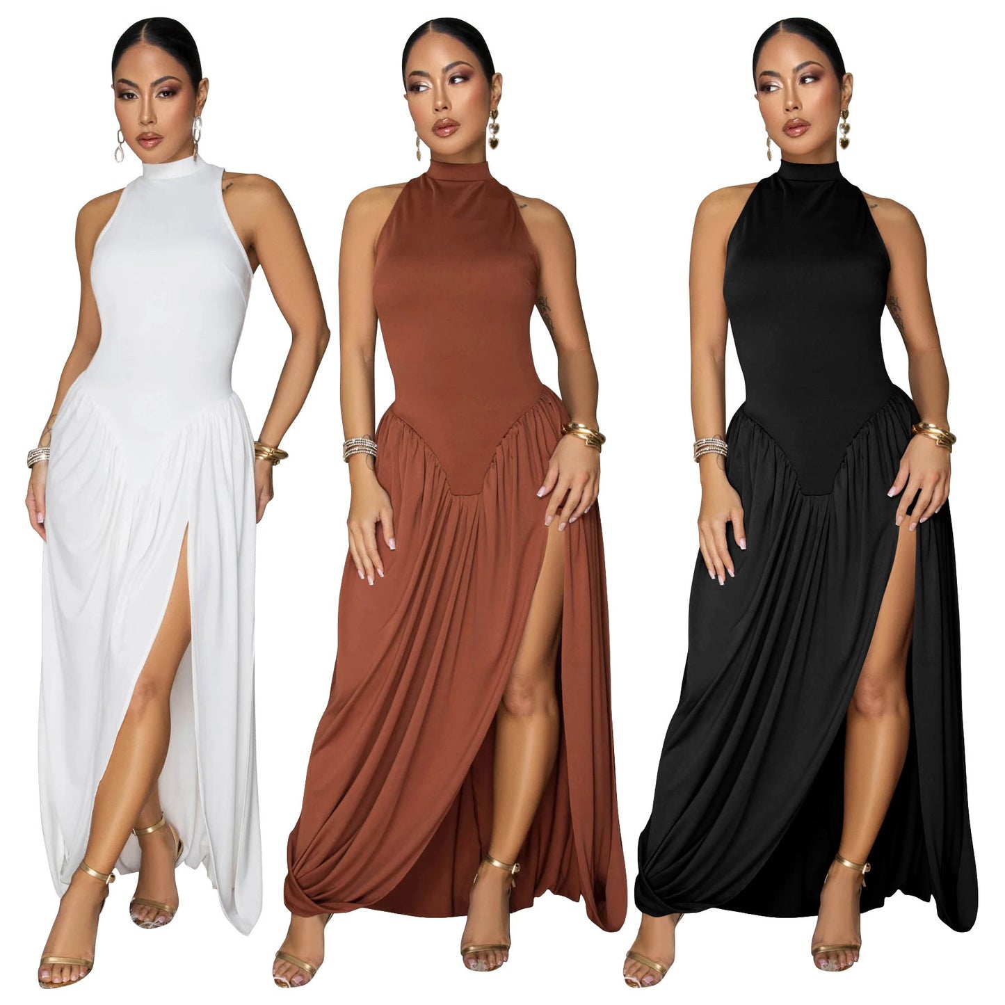 Half high neck sleeveless dress with slit skirt
