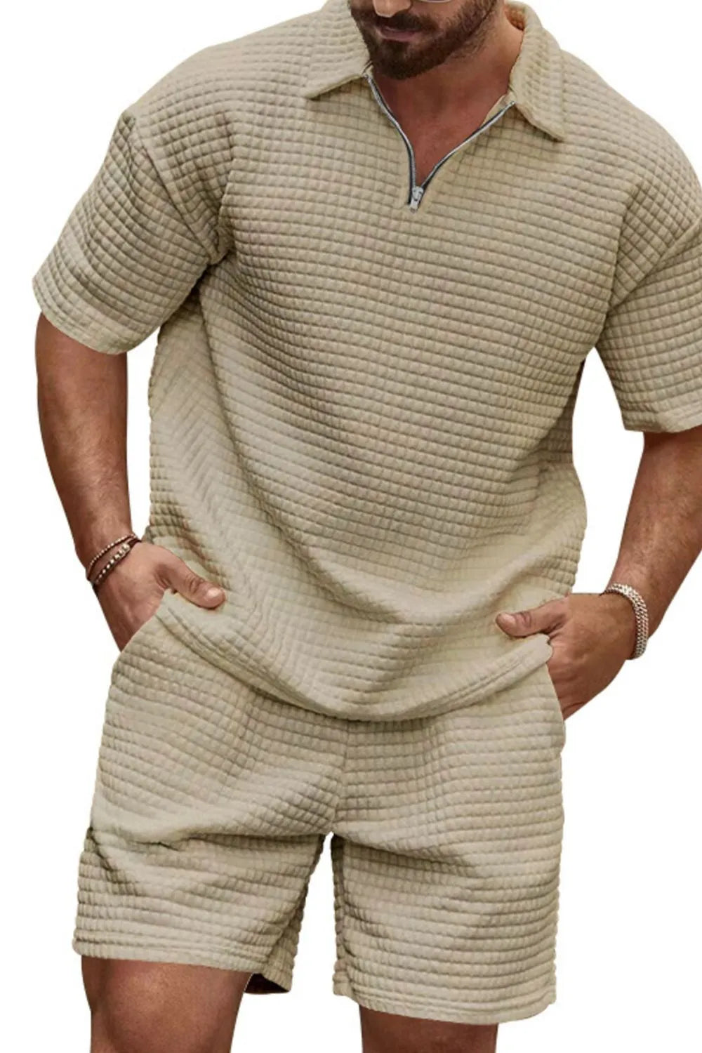 Men's Zip Collar Short Sleeve Top and Shorts Set