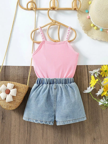 Children's Top & Sunflower Denim Shorts Set
