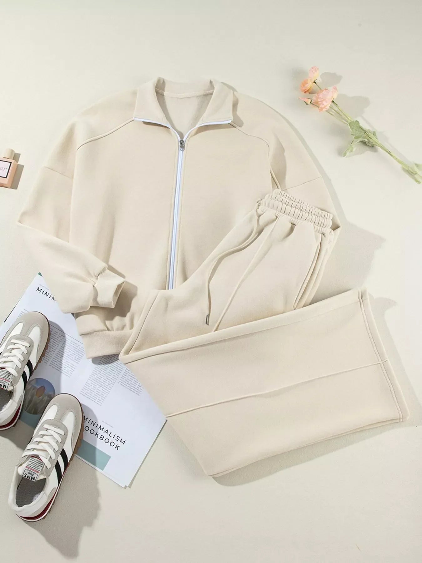Drop Shoulder Zip Up Jacket and Drawstring Pants Active 2pcs Set