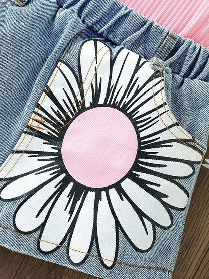 Children's Top & Sunflower Denim Shorts Set