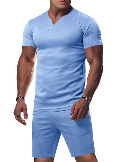 Men's Full Size V-Neck Short Sleeve T-Shirt and Shorts Set Plus Size