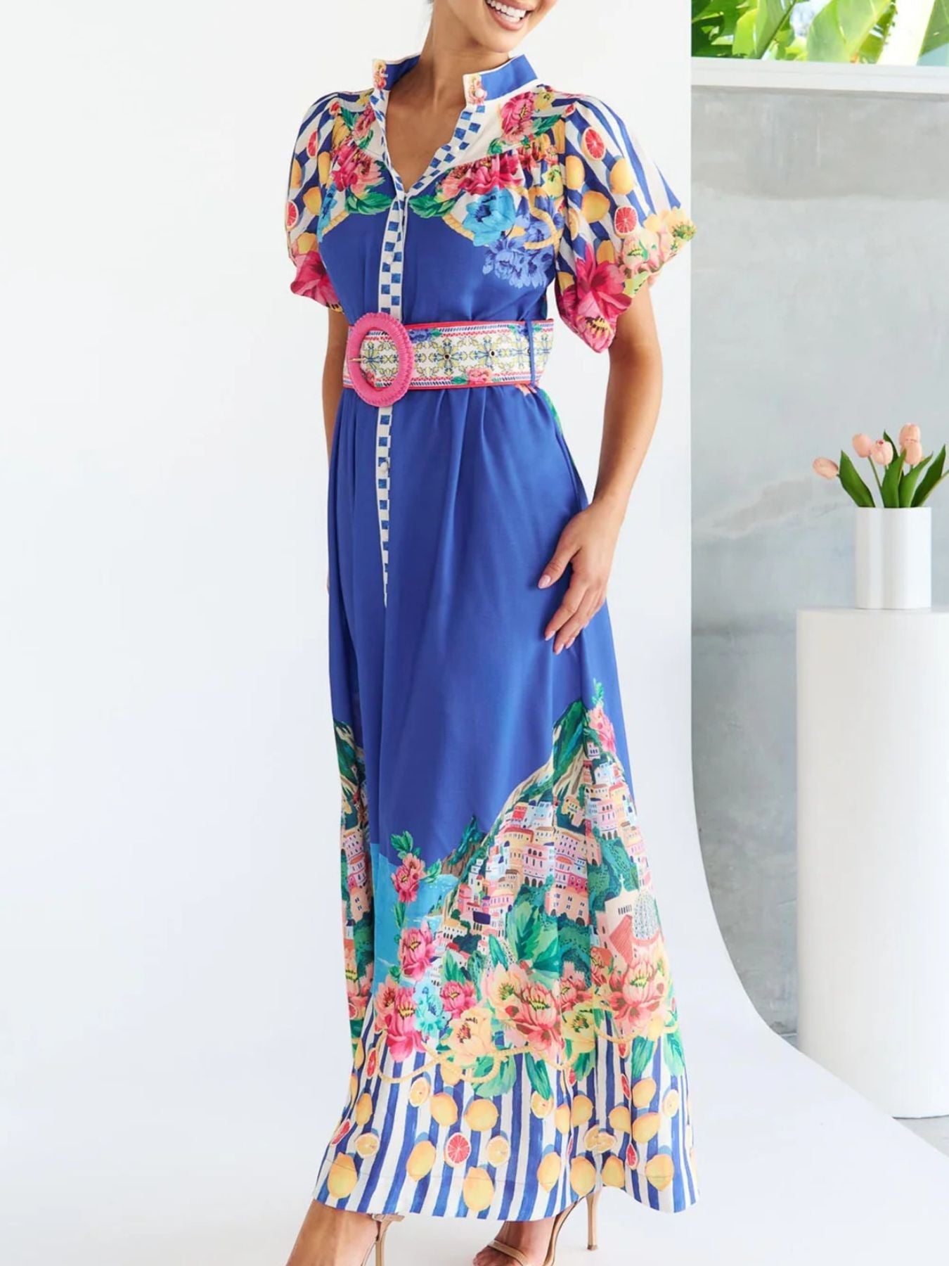 Printed Button Front Puff Sleeve Dress