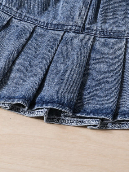 Children's Denim Bowknot Crop Top and Pleated Skirt Set