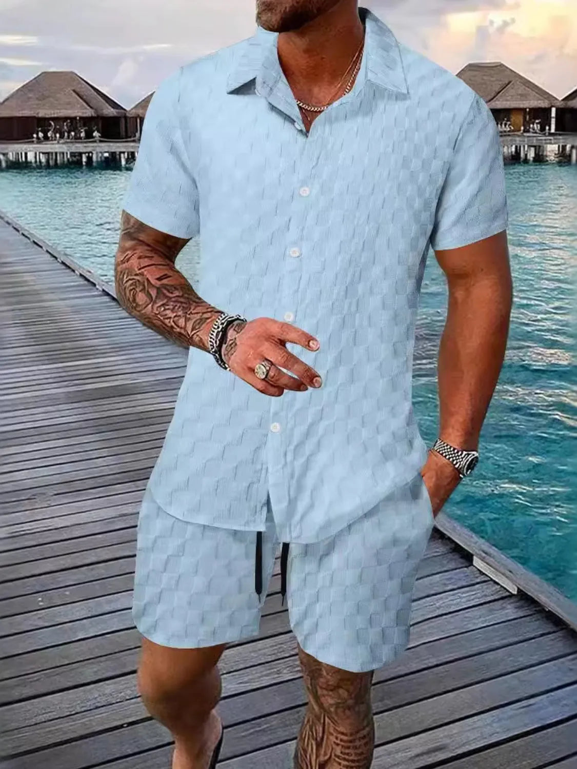 Men's Collared Neck Short Sleeve Top and Shorts Set
