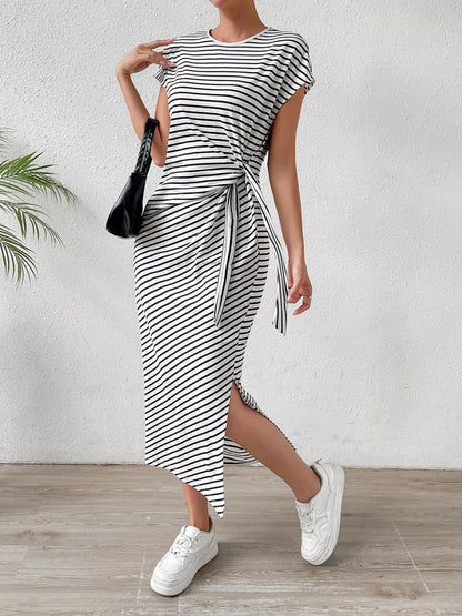 Striped Tie Side Casual Midi Dress