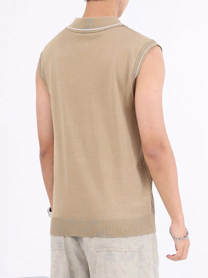 Men's Plus Size Knitted Polo Collar Zip-Up Sleeveless Top