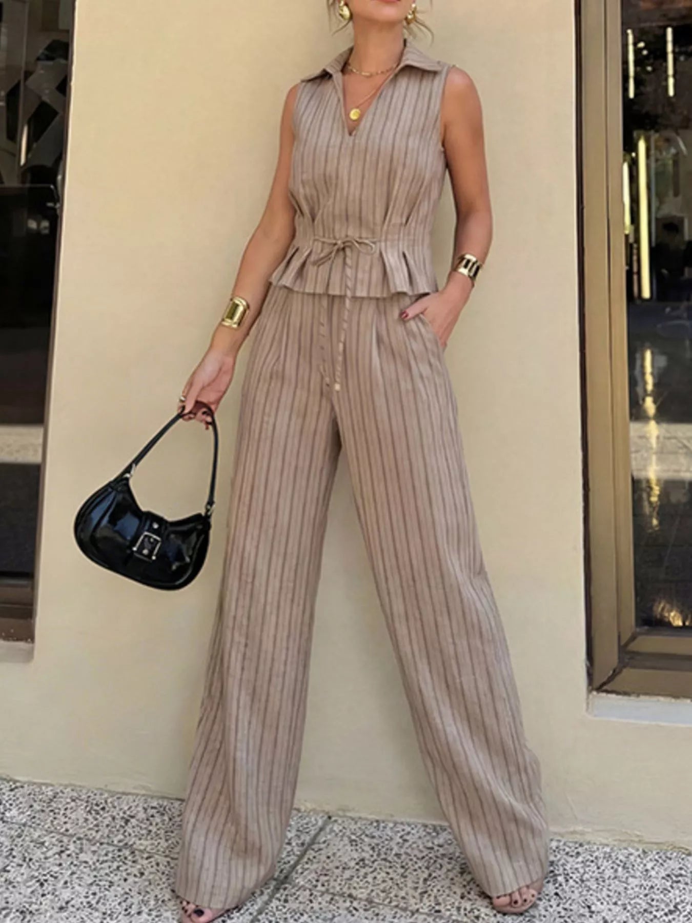 Sleeveless Striped Top & Wide Leg Pants Set