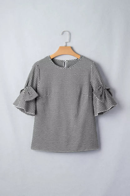 Gingham Bow Half Sleeve Blouse