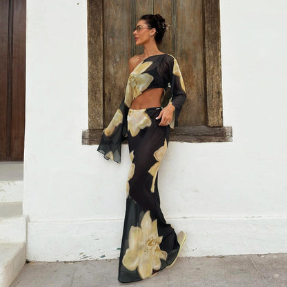 One shoulder crop top, high waisted drawstring printed long skirt