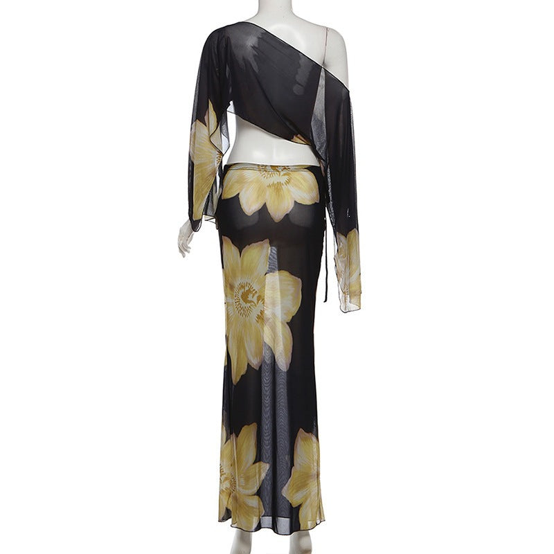 One shoulder crop top, high waisted drawstring printed long skirt