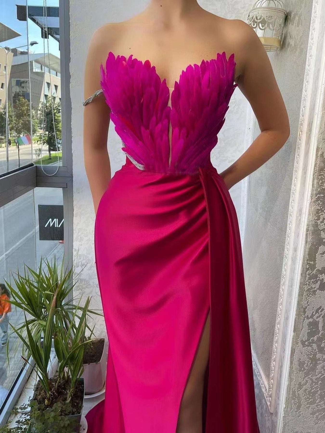 Feather Embellished Slit Maxi Dress